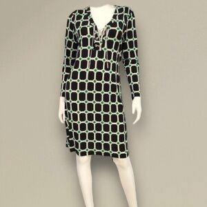 Jules & Leopold Black Green Geometric Belted Midi Dress Silver Chain Detail Sz S